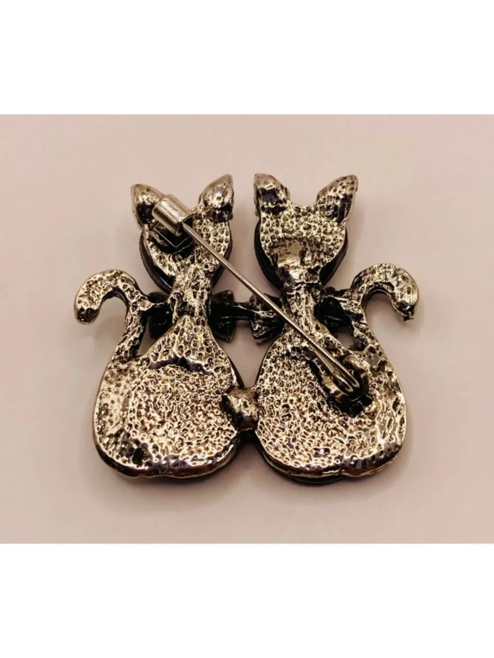 Abalone Shell Twin Cats Brooch Pin Black Rhinestones -24B